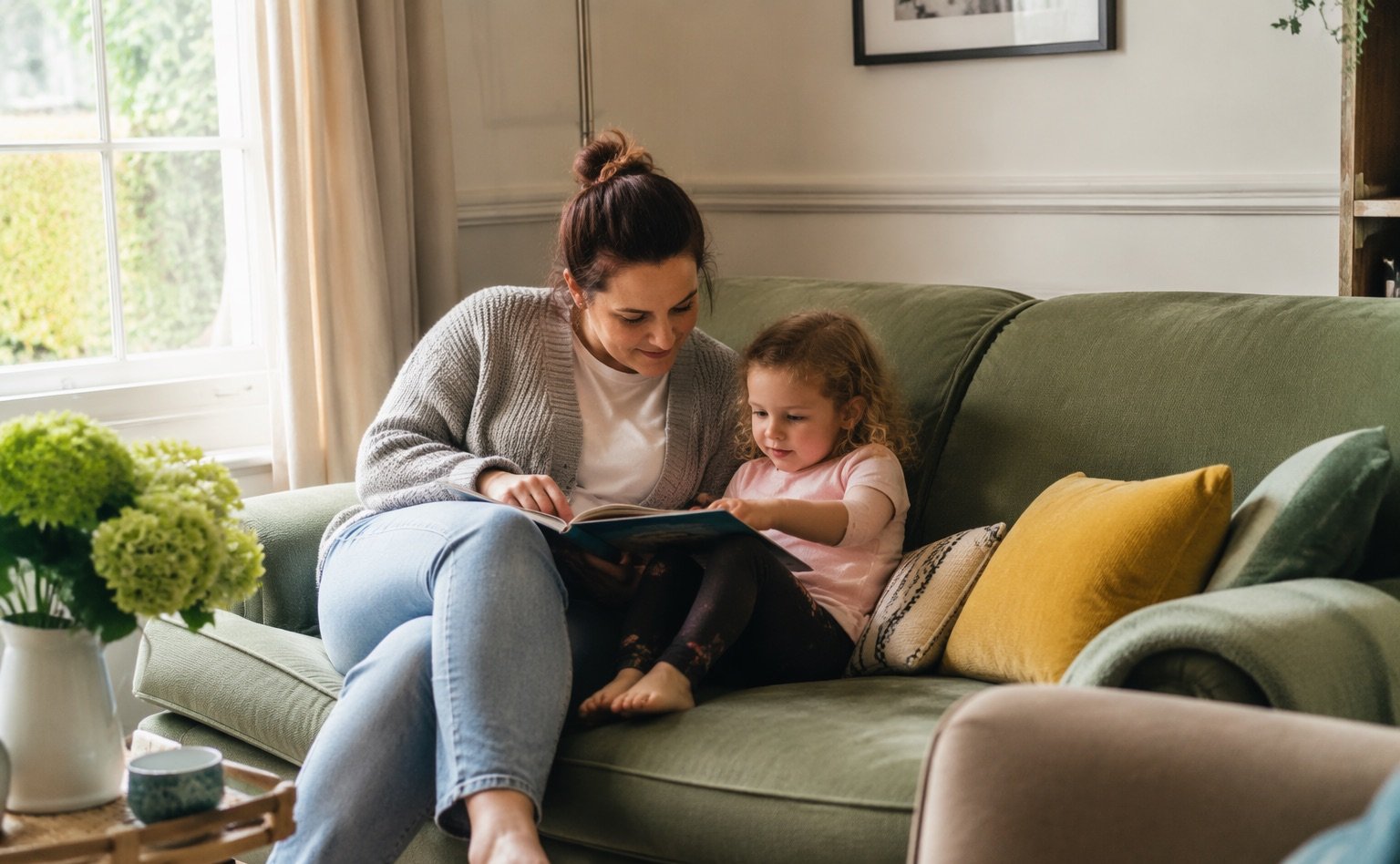 A parent and young child reading a book together on a green sofa in a cosy British living room, soft daylight