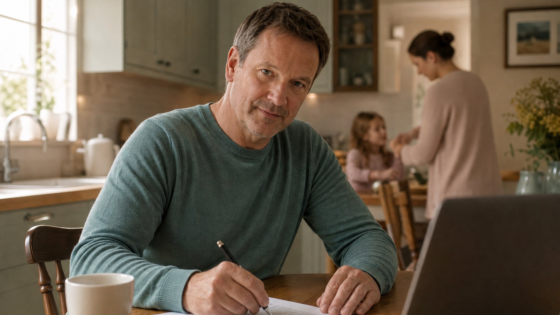A person in their 40s calmly signing a paper document at a warm-lit kitchen table in a British home, with a laptop and a cup of tea nearby and family life softly blurred behind